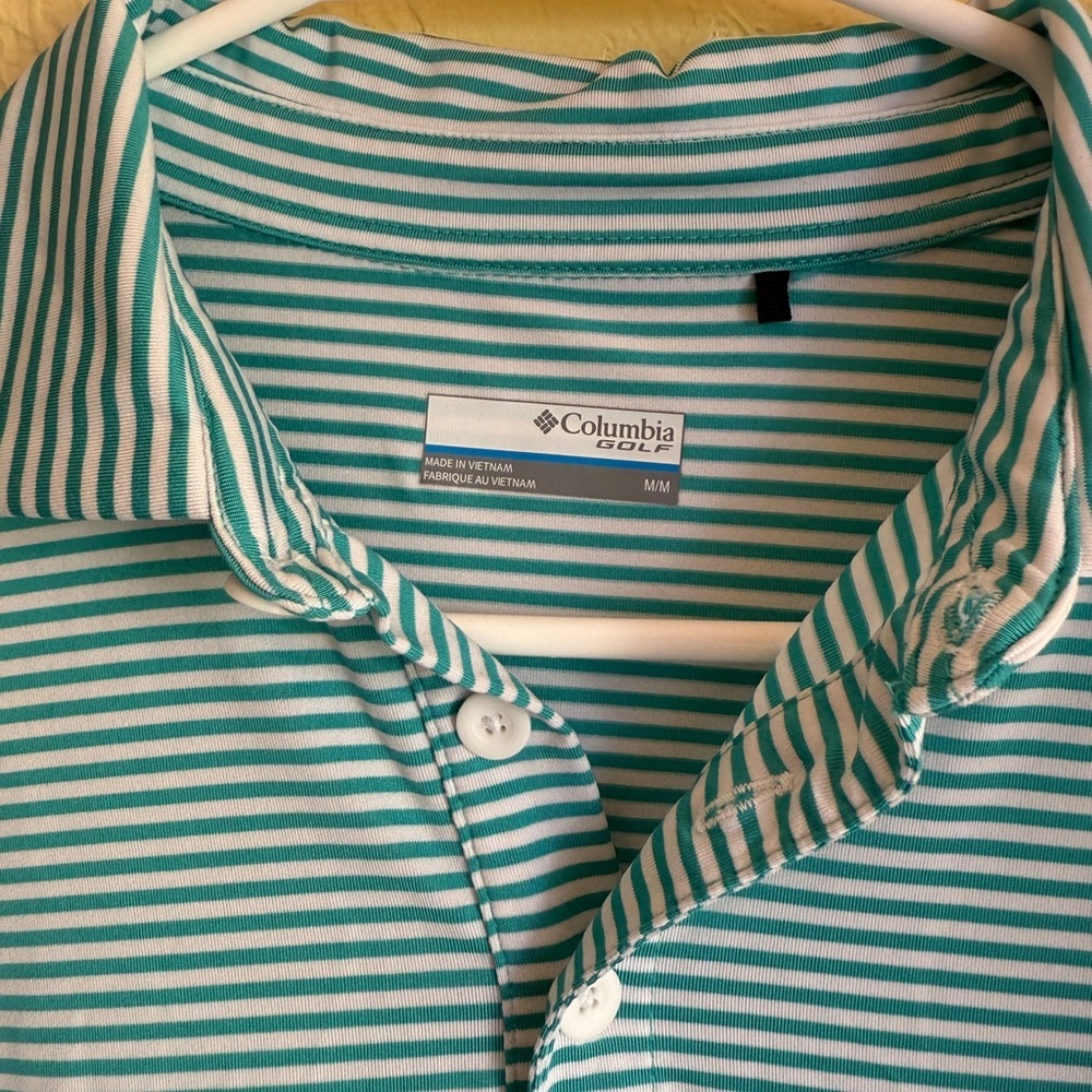 Columbia Golf Polo Shirt Mens M Teal White Striped Short Sleeve Preppy Casual